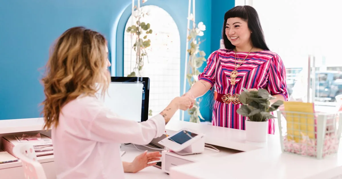 A vibrant scene of a warm handshake at a stylish office reception desk, promoting a welcoming atmosphere.